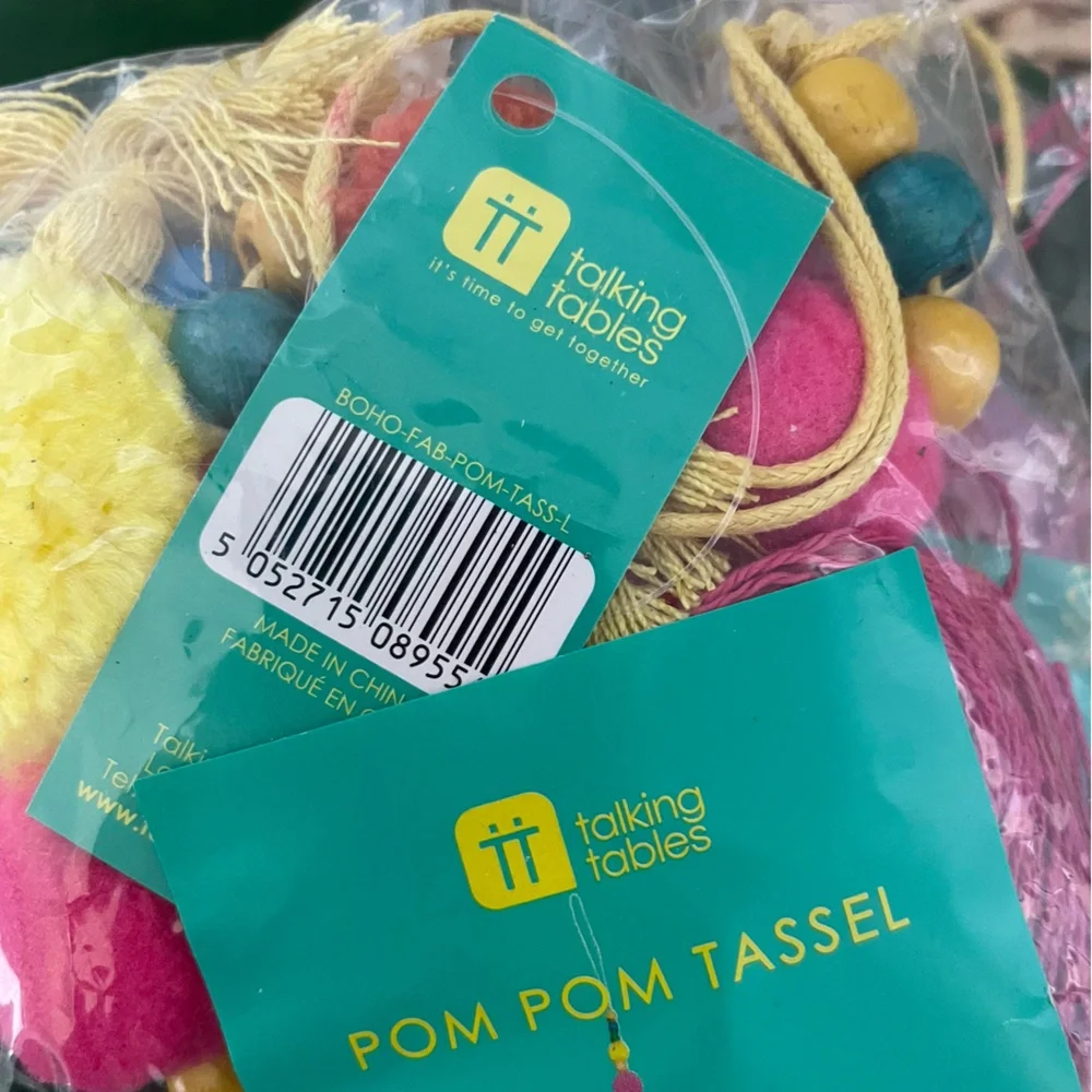 Talking Tables Pom Pom yarn Tassels beads decor set of 4 NWT for car, home, etc.